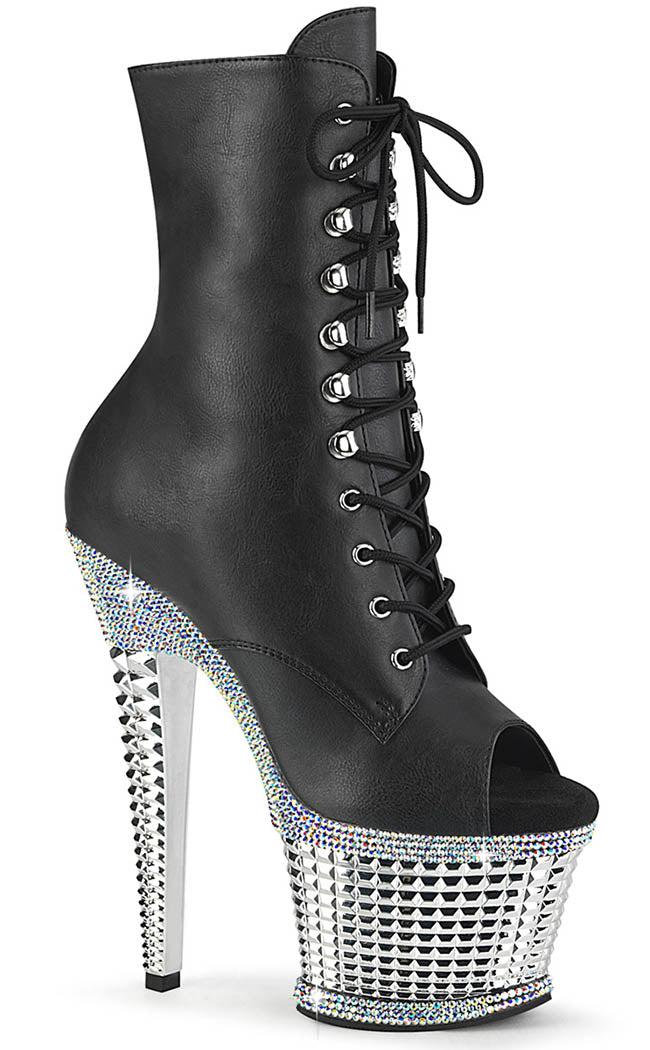 SPECTATOR-1021RS Black Matte/Silver Rhinestone Ankle Boots-Pleaser-Tragic Beautiful
