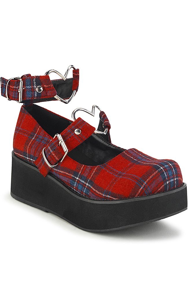 SPRITE-02 Red Tartan Mary Janes-Demonia-Tragic Beautiful