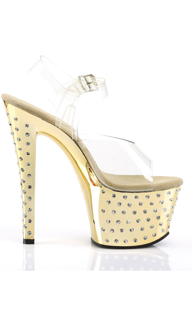 STARDUST-708 Clr/Gold Chrome Heels-Pleaser-Tragic Beautiful