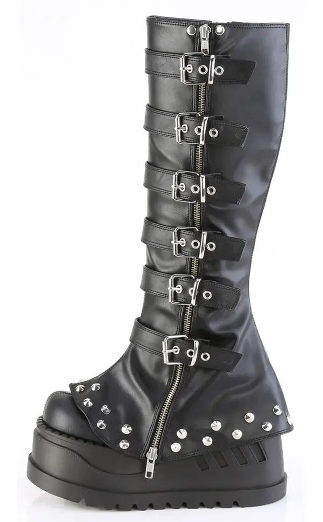 STOMP-223 Black Vegan Leather Knee High Platform Boots-Demonia-Tragic Beautiful