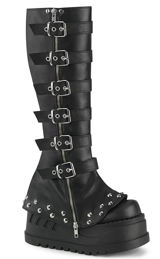 STOMP-223 Black Vegan Leather Knee High Platform Boots-Demonia-Tragic Beautiful