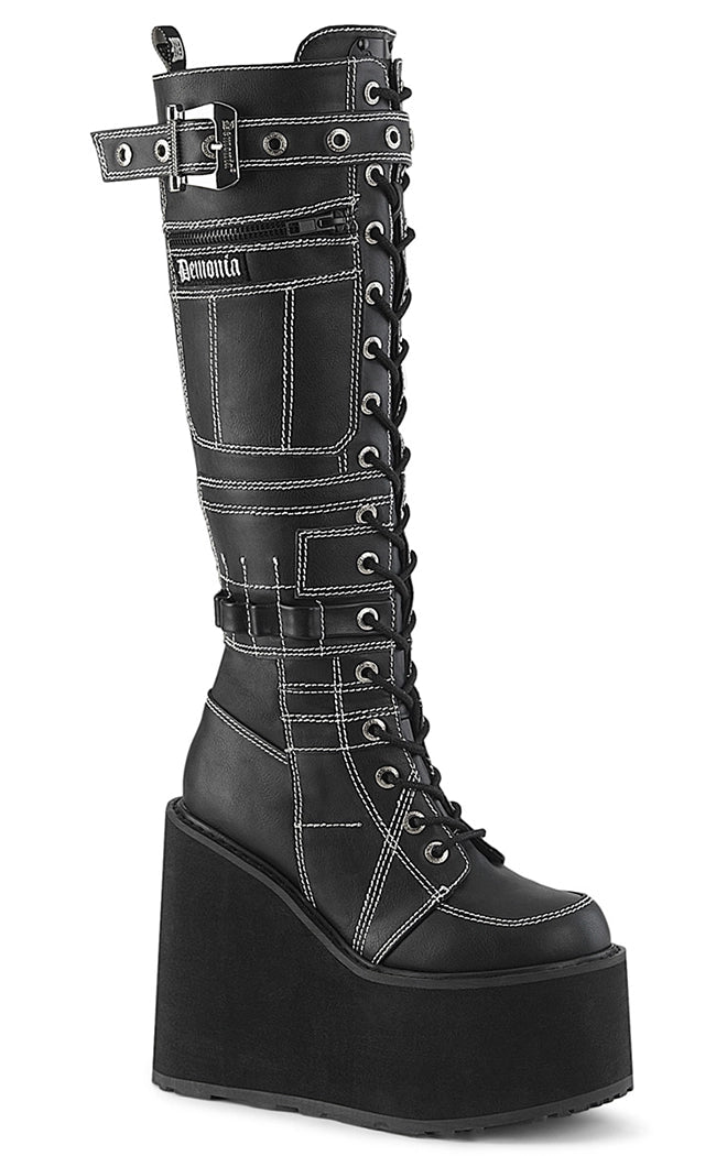 SWING-260 Black Vegan Leather Knee High Boots