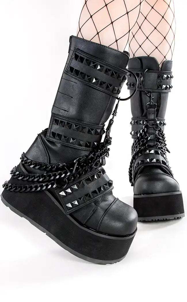 TRASHVILLE-138 Black Vegan Leather Platform Boots-Demonia-Tragic Beautiful