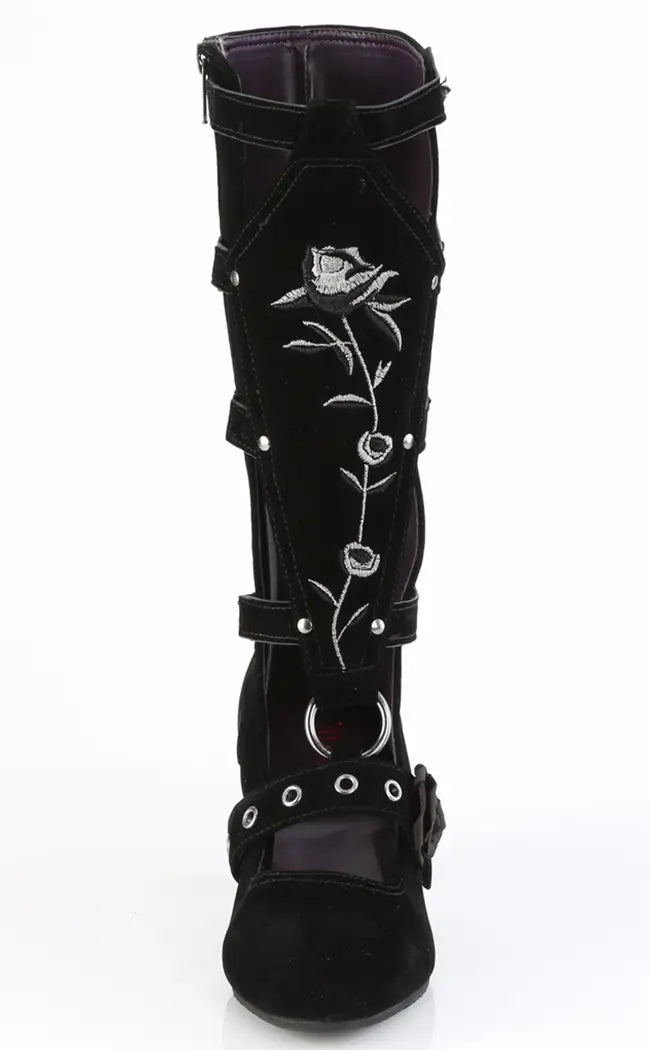 WHIMSY-118 Black Suede Mid-Calf Boots-Demonia-Tragic Beautiful