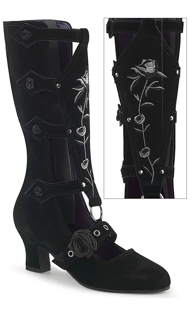 WHIMSY-118 Black Suede Mid-Calf Boots-Demonia-Tragic Beautiful