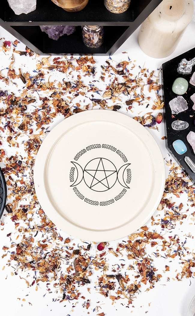 White Triple Moon Pentacle Offering Plate-Witchcraft Supplies-Tragic Beautiful
