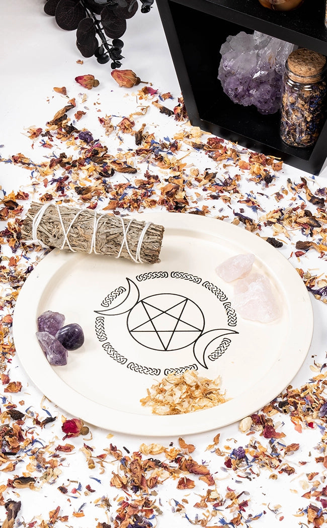 White Triple Moon Pentacle Offering Plate-Witchcraft Supplies-Tragic Beautiful