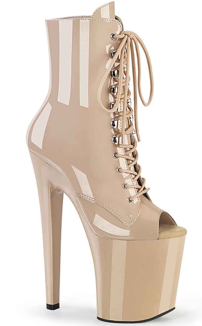 XTREME-1021 Nude Patent Peep Toe Ankle Boots-Pleaser-Tragic Beautiful