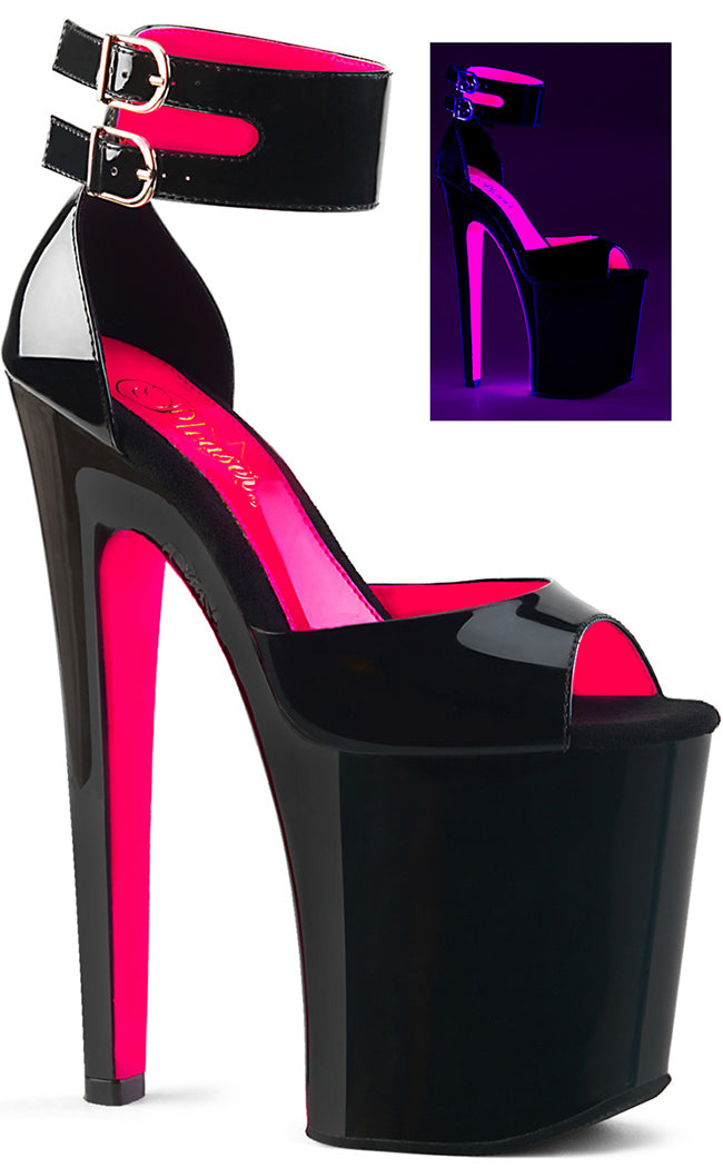 XTREME-875TT Black Patent-Neon Hot Pink/Black Heels-Pleaser-Tragic Beautiful