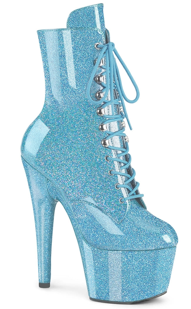ADORE-1020GP Patent Glitter Baby Blue Lace-Up Front Ankle Boots