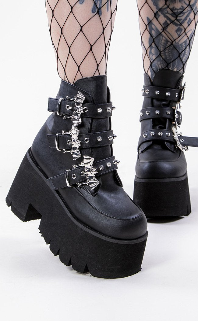 ASHES-55 Black Vegan Leather Bat Buckle Platform Ankle Boots-Demonia-Tragic Beautiful