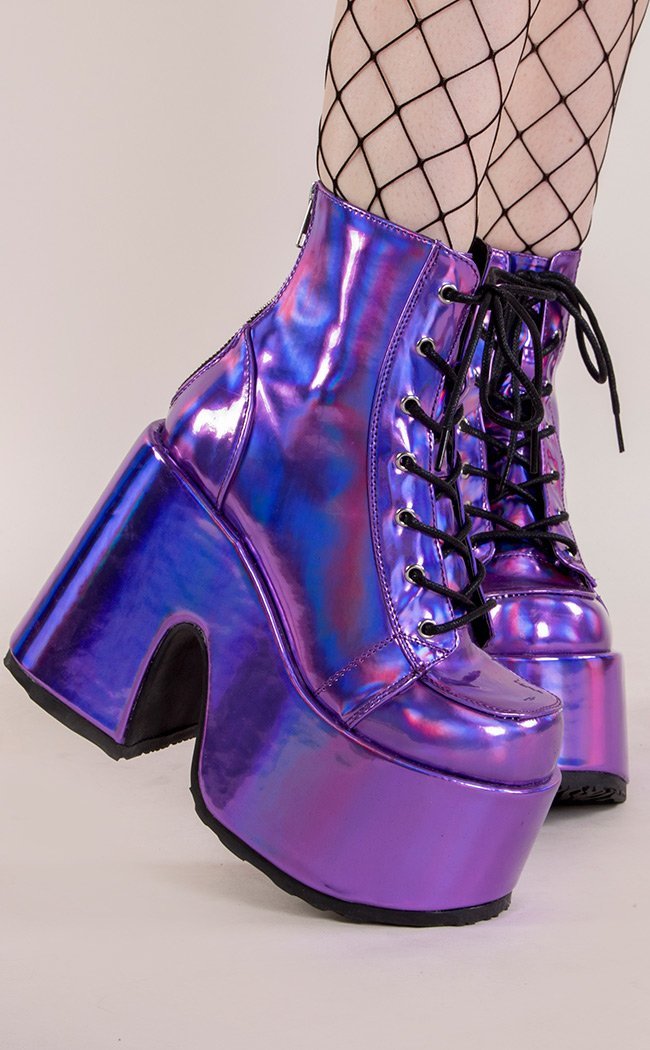 CAMEL-203 Purple Hologram Ankle Boots-Demonia-Tragic Beautiful
