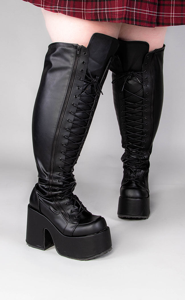 CAMEL-300WC Black Matte Vegan Thigh High Boots | Wide Calf-Demonia-Tragic Beautiful