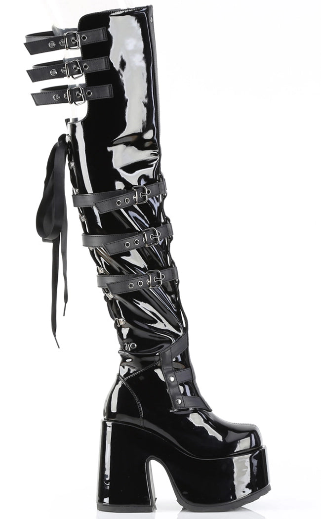 CAMEL-308 Black Ribbon Lace-Up Thigh-High Boots