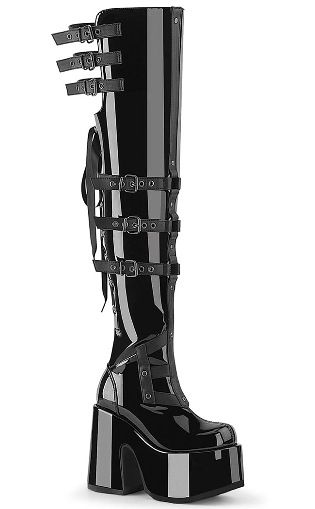 CAMEL-308 Black Ribbon Lace-Up Thigh-High Boots