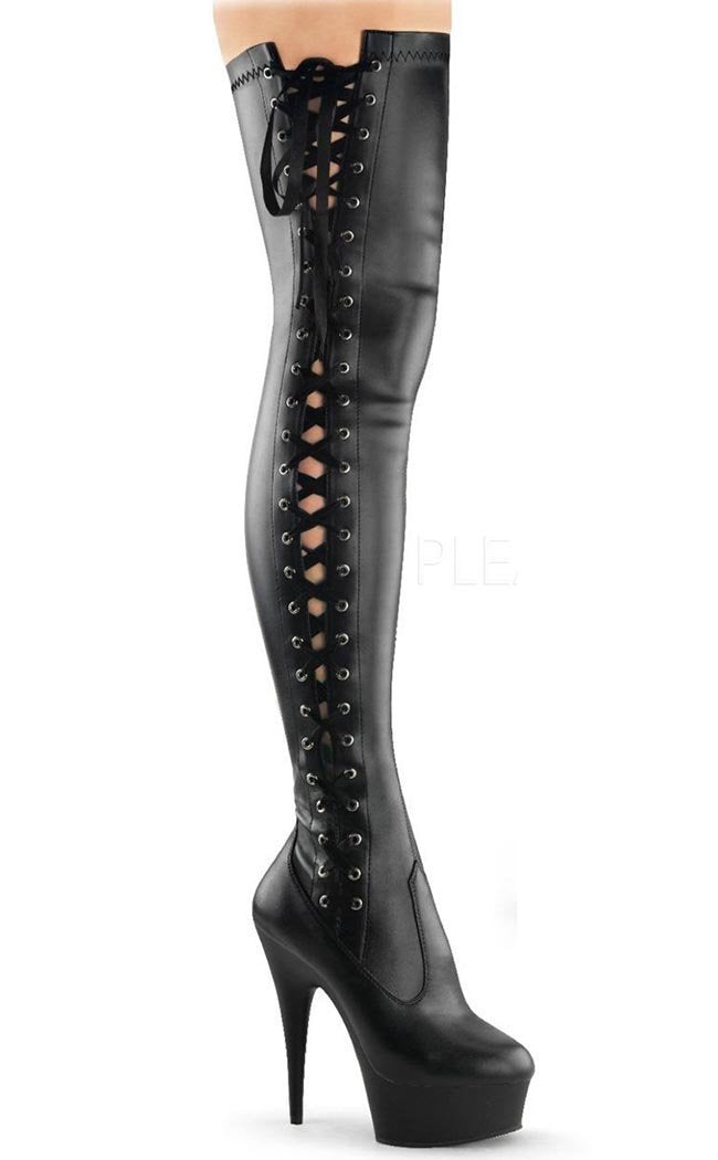 DELIGHT-3050 Black / Black Matte Thigh High Boots-Pleaser-Tragic Beautiful