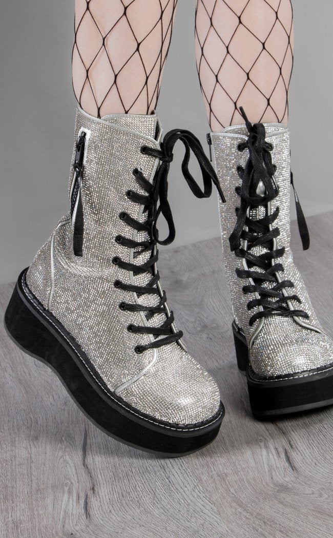 EMILY-362 Silver Rhinestone Combat Boots-Demonia-Tragic Beautiful