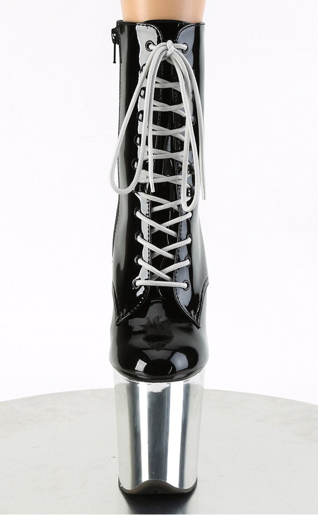 FLAMINGO-1020 Black Patent Silver Chrome Boots-Pleaser-Tragic Beautiful