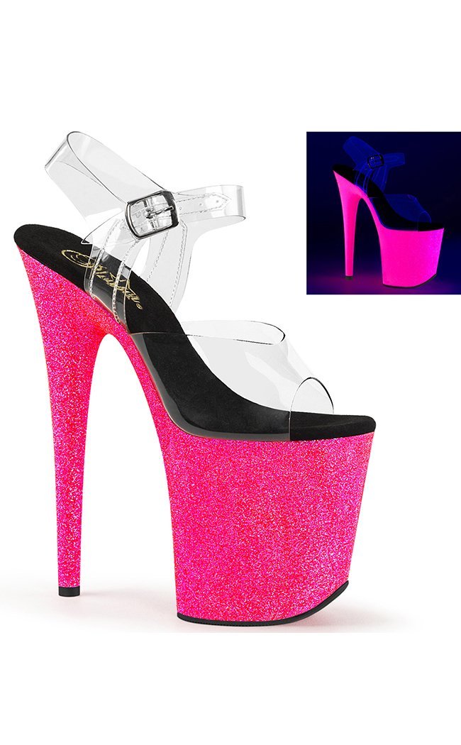 FLAMINGO-808UVG Clear/Neon Hot Pink Glitter Heels-Pleaser-Tragic Beautiful