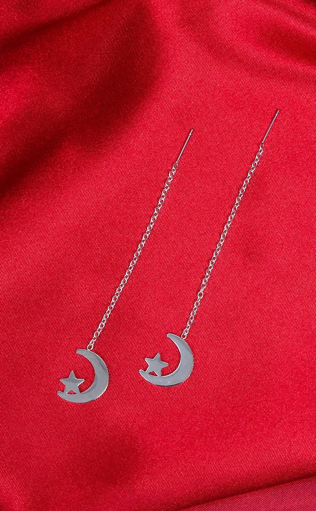 Moon and Star Threader Earrings Silver