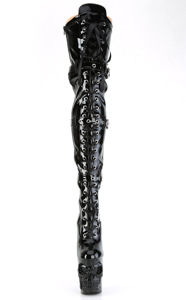 RAPTURE-3028 Black Patent Thigh High Skull Boots-Pleaser-Tragic Beautiful