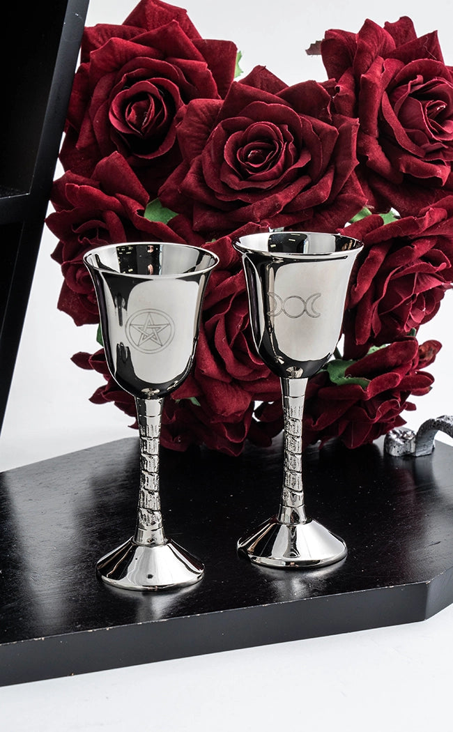 Small Ceremonial Brass Goblet | Silver Triple Moon-Witchcraft Supplies-Tragic Beautiful