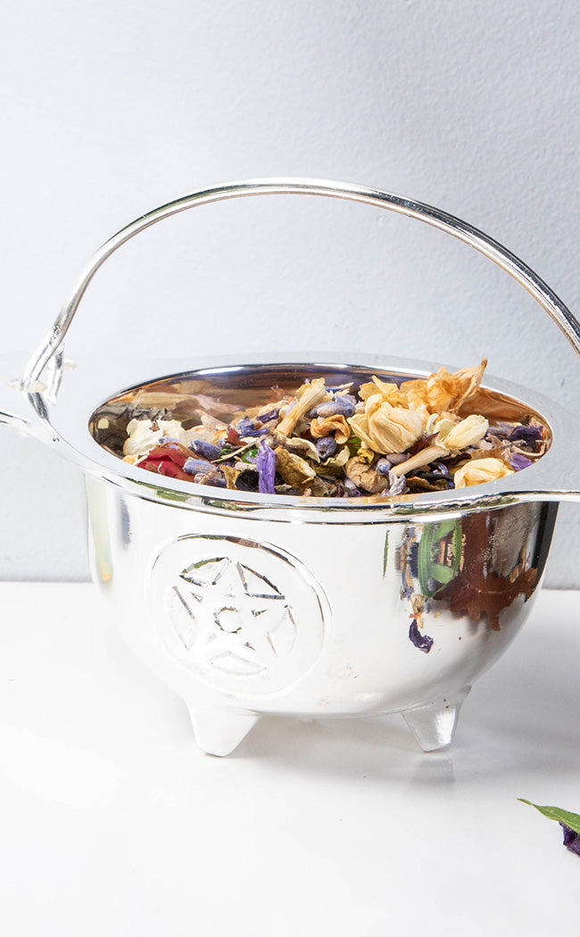 Solid Brass Cauldron | Silver Pentagram-Cauldrons-Tragic Beautiful