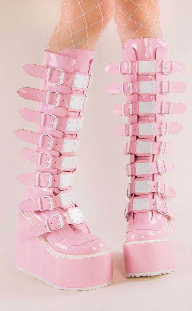 SWING-815 Baby Pink Holographic Trinity Platform Knee High Boots (Au Stock)-Demonia-Tragic Beautiful