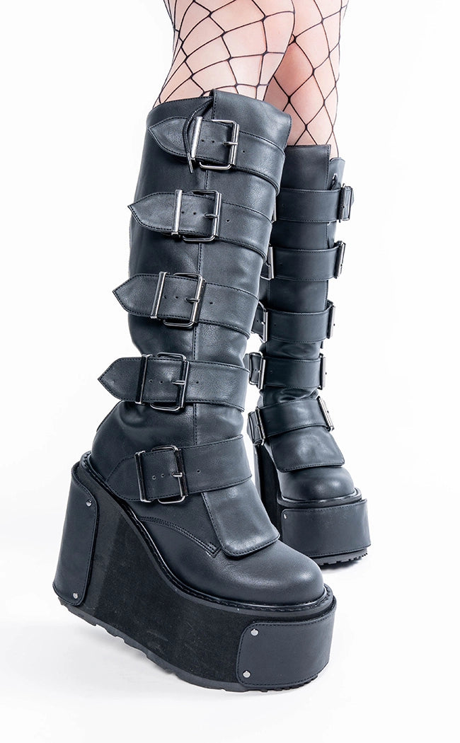 Transformer-800 Black Platform Knee High Boots-Demonia-Tragic Beautiful
