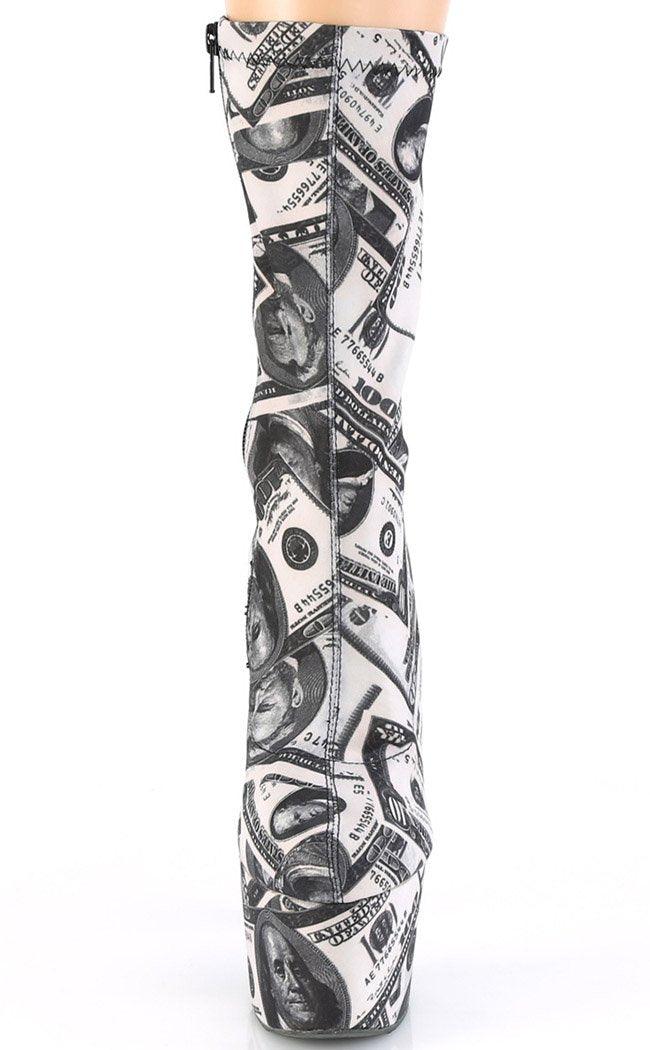 ADORE-1002DP Black & White Stretch Money Print Boots-Pleaser-Tragic Beautiful