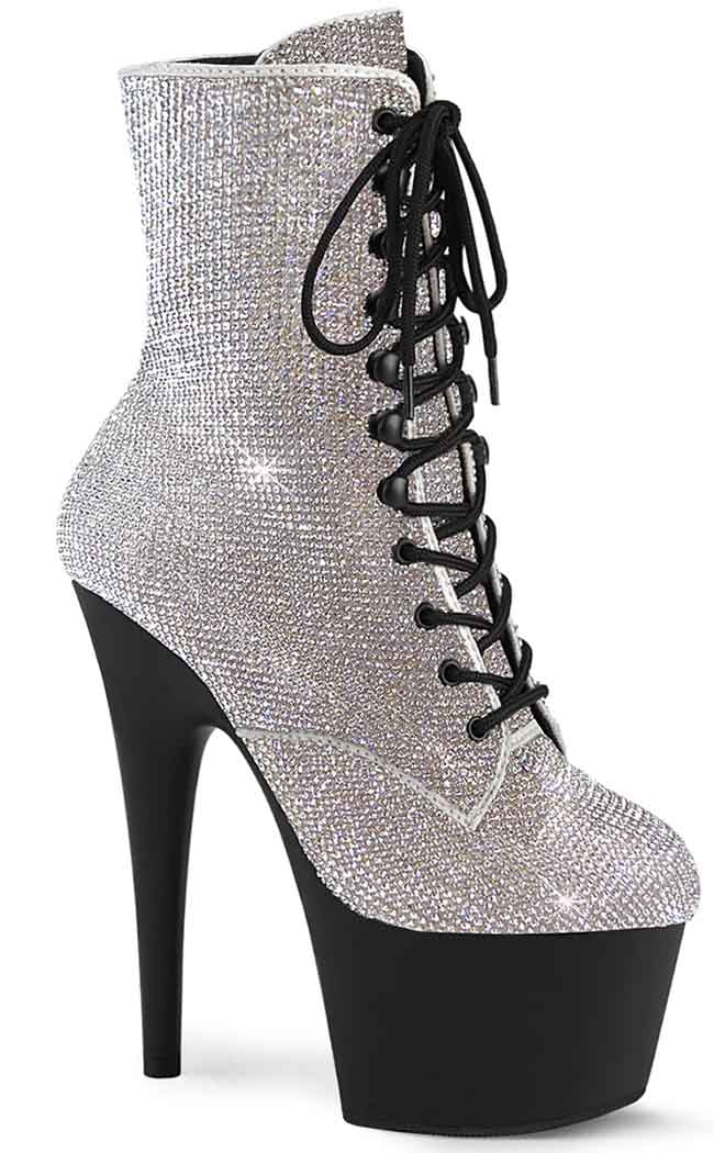ADORE-1020RS Silver Rhinestone/ Black Boots-Pleaser-Tragic Beautiful
