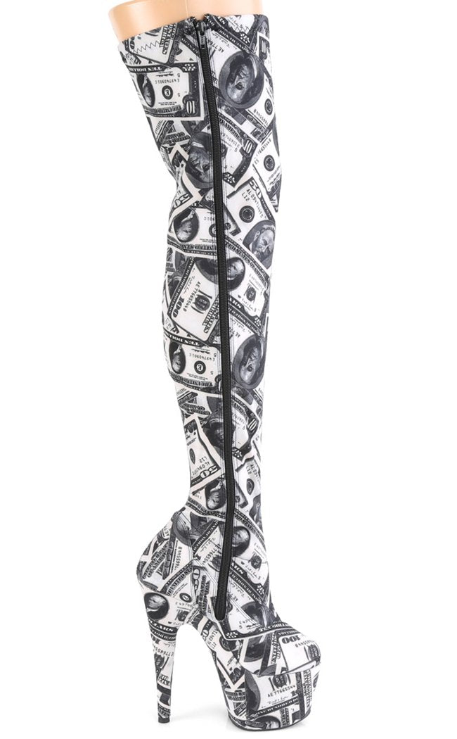 ADORE-3000DP Money Print Thigh High Boots-Pleaser-Tragic Beautiful