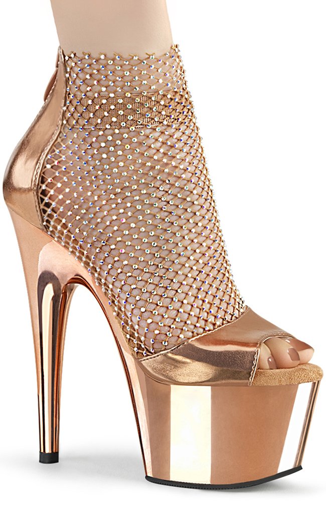 ADORE-765RM Rose Gold Chrome Rhinestone Mesh Heels-Pleaser-Tragic Beautiful