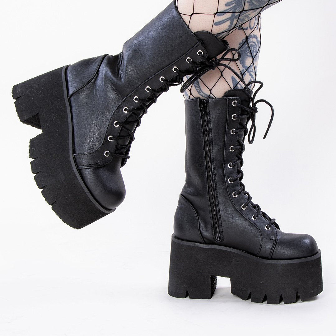 ASHES-105 Black Vegan Leather Platform Combat Boots-Demonia-Tragic Beautiful