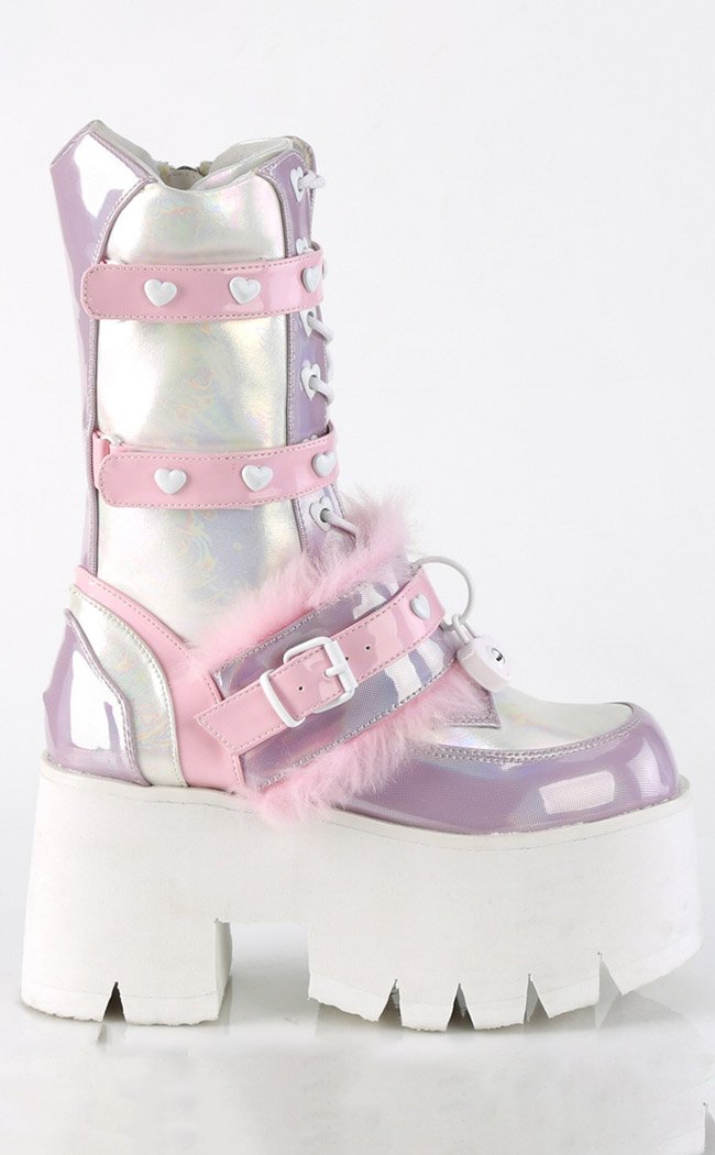 ASHES-120 Baby Pink & Lavender Holo Platform Boots-Demonia-Tragic Beautiful