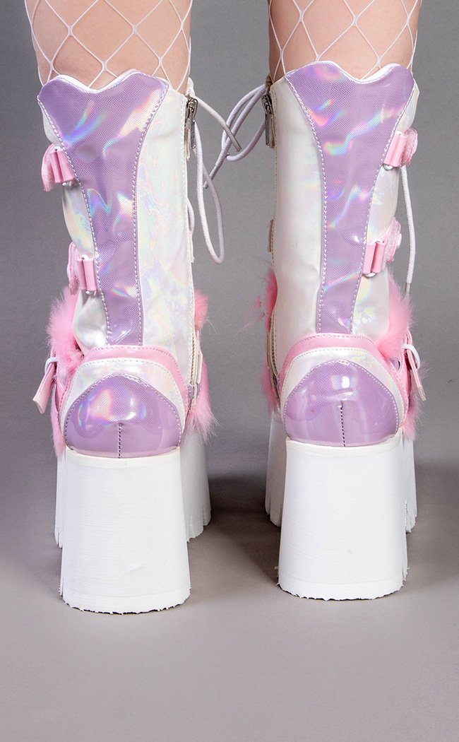 ASHES-120 Baby Pink & Lavender Holo Platform Boots (AU Stock, Last Pair: Size 7)-Demonia-Tragic Beautiful