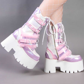 ASHES-120 Baby Pink & Lavender Holo Platform Boots (AU Stock, Last Pair: Size 7)-Demonia-Tragic Beautiful