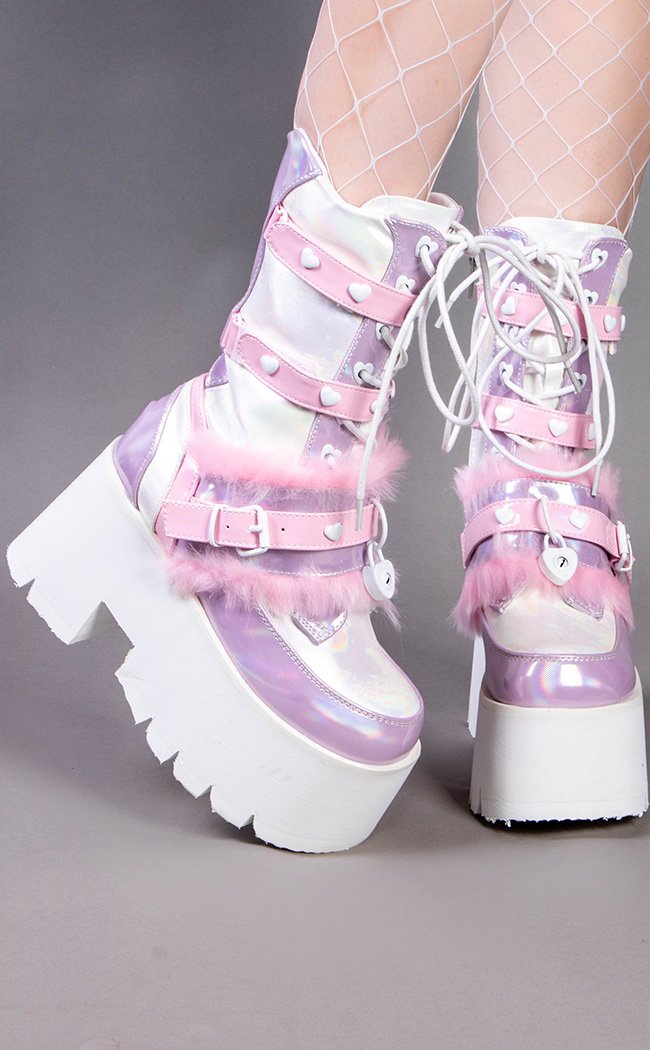 ASHES-120 Baby Pink & Lavender Holo Platform Boots (AU Stock, Last Pair: Size 7)-Demonia-Tragic Beautiful