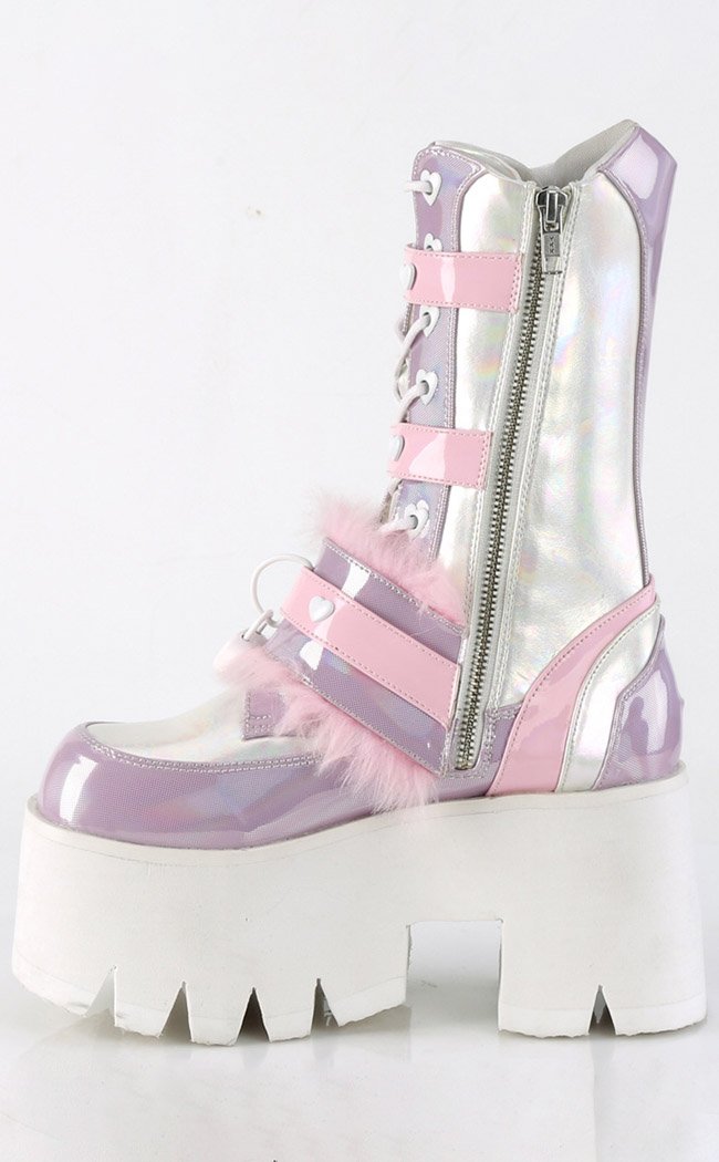 ASHES-120 Baby Pink & Lavender Holo Platform Boots-Demonia-Tragic Beautiful