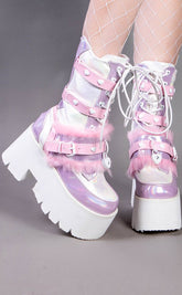 ASHES-120 Baby Pink & Lavender Holo Platform Boots-Demonia-Tragic Beautiful