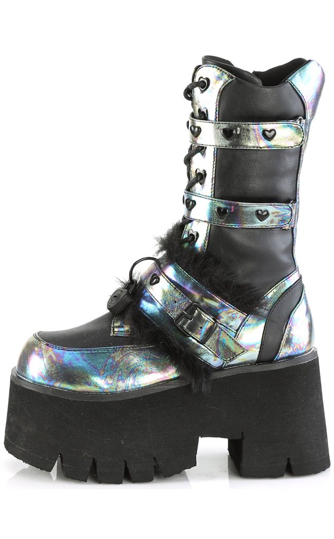 ASHES-120 Black/Green Multi Oil Slick Platform Boots-Demonia-Tragic Beautiful