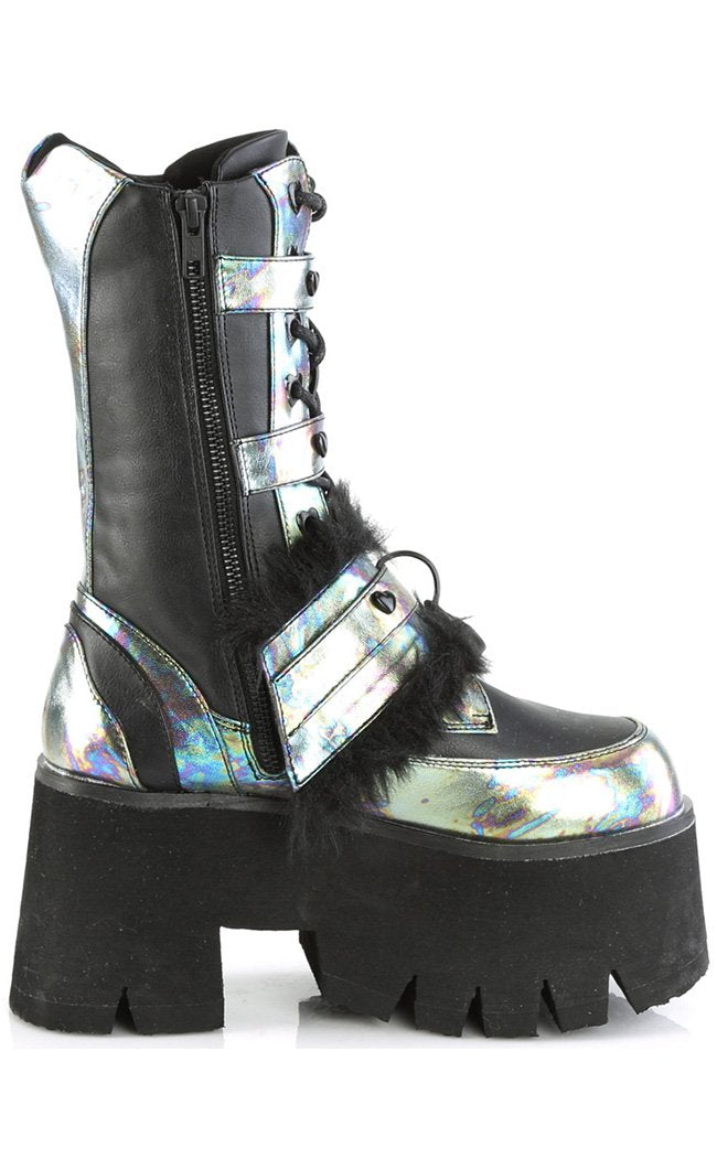 ASHES-120 Black/Green Multi Oil Slick Platform Boots-Demonia-Tragic Beautiful