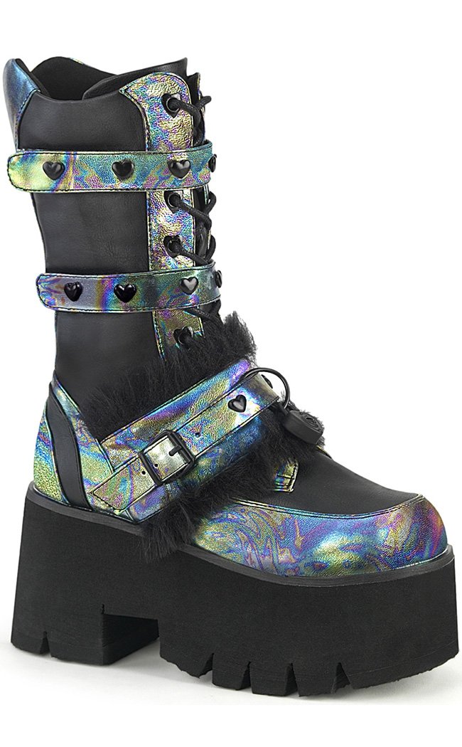 ASHES-120 Black/Green Multi Oil Slick Platform Boots-Demonia-Tragic Beautiful