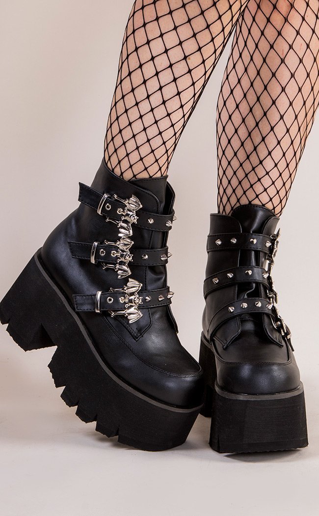 ASHES-55 Black Vegan Bat Buckle Ankle Boots (AU Stock)-Demonia-Tragic Beautiful