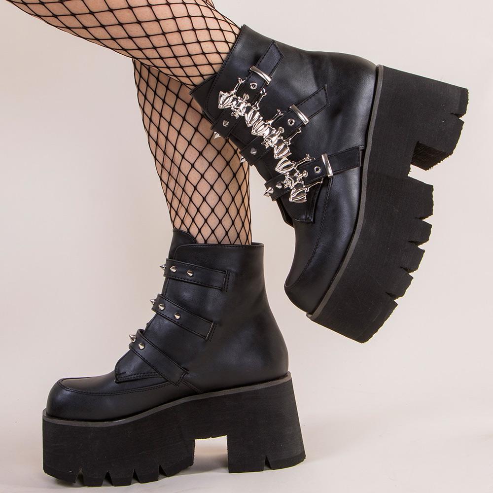 ASHES-55 Black Vegan Bat Buckle Ankle Boots (AU Stock)-Demonia-Tragic Beautiful