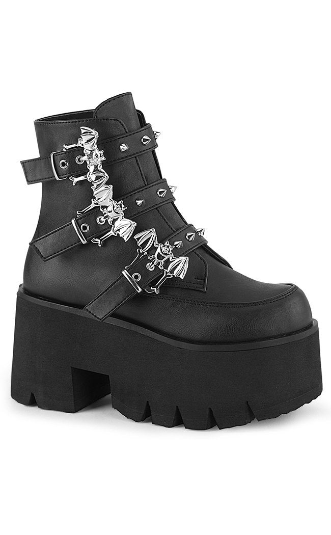 ASHES-55 Black Vegan Bat Buckle Ankle Boots (AU Stock)-Demonia-Tragic Beautiful