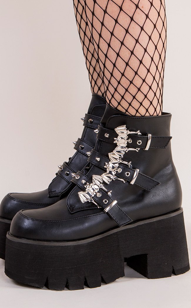 ASHES-55 Black Vegan Bat Buckle Ankle Boots (AU Stock)-Demonia-Tragic Beautiful