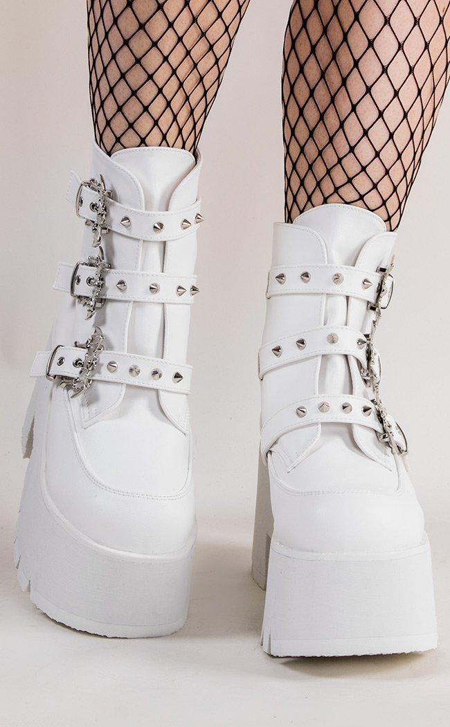 ASHES-55 White Vegan Buckled Ankle Boots-Demonia-Tragic Beautiful