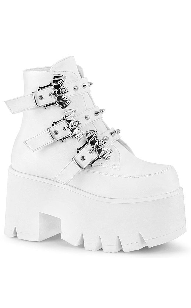 ASHES-55 White Vegan Buckled Ankle Boots-Demonia-Tragic Beautiful