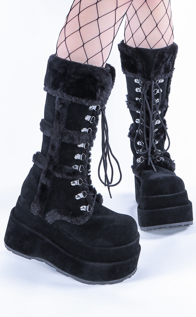 BEAR-202 Black Suede Knee-High Boots-Demonia-Tragic Beautiful